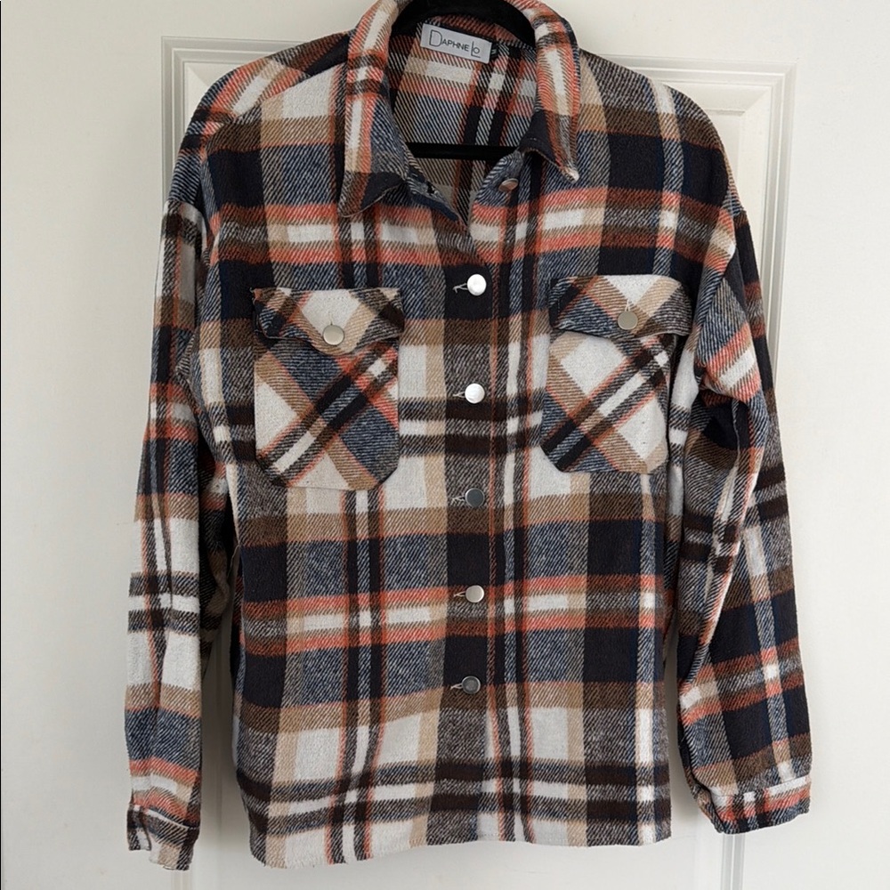 Plaid Button-Up Shacket in Navy, Brown & Cream - Daphne Lo